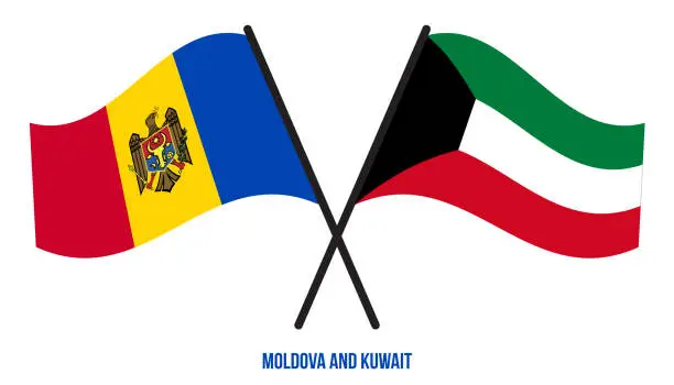 Vector illustration of Moldova and Kuwait Flags Crossed And Waving Flat Style. Official Proportion. Correct Colors.