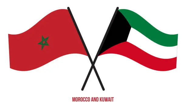 Vector illustration of Morocco and Kuwait Flags Crossed And Waving Flat Style. Official Proportion. Correct Colors.