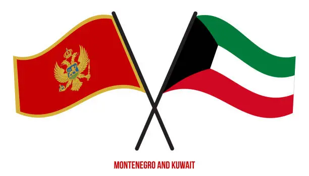 Vector illustration of Montenegro and Kuwait Flags Crossed And Waving Flat Style. Official Proportion. Correct Colors.