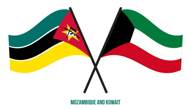 Vector illustration of Mozambique and Kuwait Flags Crossed And Waving Flat Style. Official Proportion. Correct Colors.