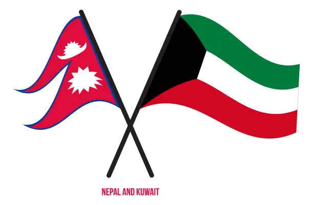 Vector illustration of Nepal and Kuwait Flags Crossed And Waving Flat Style. Official Proportion. Correct Colors.