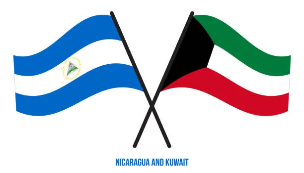 Vector illustration of Nicaragua and Kuwait Flags Crossed And Waving Flat Style. Official Proportion. Correct Colors.