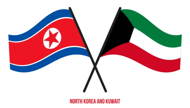 Vector illustration of North Korea and Kuwait Flags Crossed And Waving Flat Style. Official Proportion. Correct Colors.
