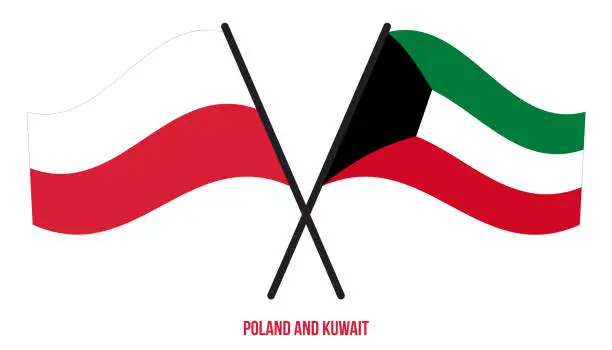 Vector illustration of Poland and Kuwait Flags Crossed And Waving Flat Style. Official Proportion. Correct Colors.
