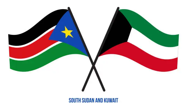 Vector illustration of South Sudan and Kuwait Flags Crossed And Waving Flat Style. Official Proportion. Correct Colors.