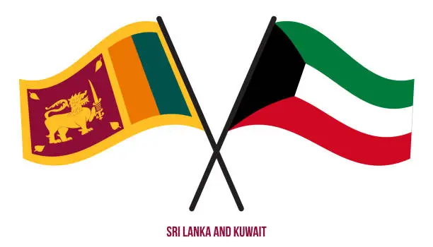 Vector illustration of Sri Lanka and Kuwait Flags Crossed And Waving Flat Style. Official Proportion. Correct Colors.