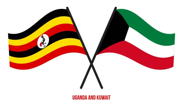 Vector illustration of Uganda and Kuwait Flags Crossed And Waving Flat Style. Official Proportion. Correct Colors.