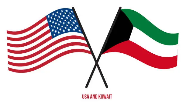 Vector illustration of USA and Kuwait Flags Crossed And Waving Flat Style. Official Proportion. Correct Colors.