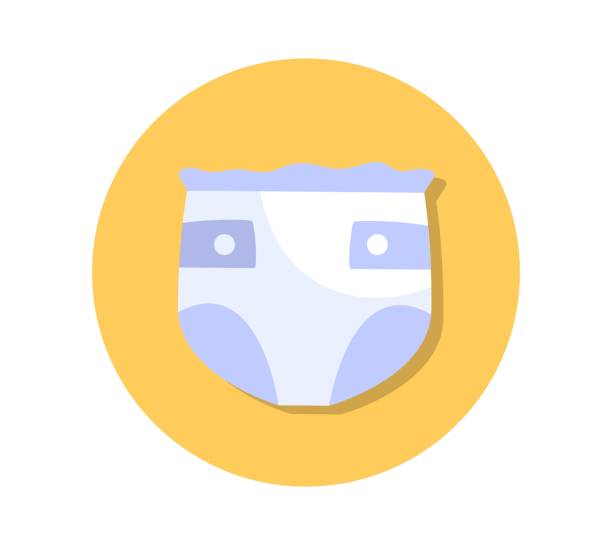 Baby goods icon Baby goods icon. Round sticker with absorbent diaper or panties for newborn baby. Hygiene and caring for small child. Website design. Cartoon flat vector illustration isolated on white background Diaper stock illustrations