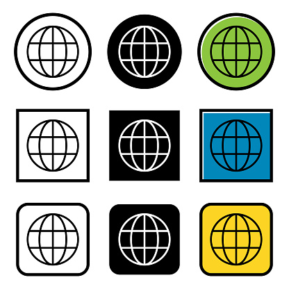 Set of WWW world wide web site symbol, Internet icon, website address globe, flat outline sign .