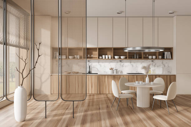 istock Light kitchen interior with eating and seats, shelves and panoramic window 1446659797