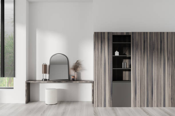 istock Elegant bedroom interior with dressing table and shelf with panoramic window 1446660061