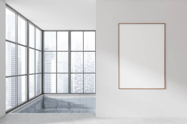 istock Stylish bathroom interior with swimming pool and window. Mockup frame 1446660120
