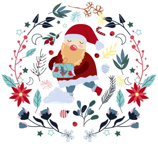 Vector illustration of Happy Santa Claus with winter wreath, berries, garland, snow. Concept Christmas and New Year. Magical winter. Perfect for greeting cards, poster, postcard, banner. Vector.