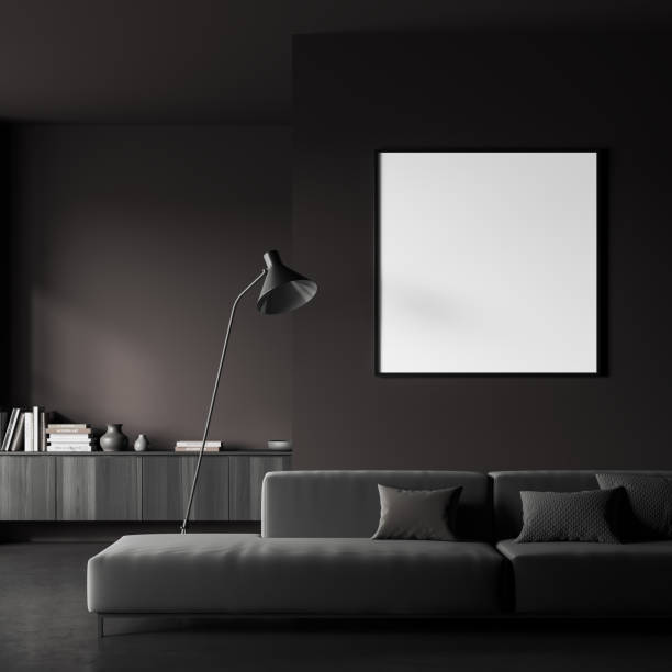 istock Brown relaxing interior with couch and drawer with decoration, mockup frame 1446661218