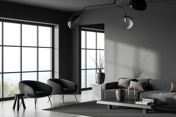 istock Grey relax interior with armchairs and sofa, panoramic window. Mockup wall 1446661308