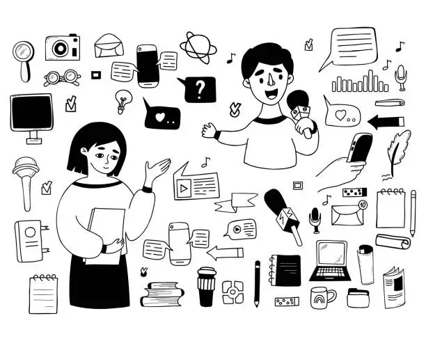 Vector illustration of Collection journalism vector doodles. Male journalist reporter with microphone and female TV presenter, hands with voice recorder, broadcast recording, laptop, newspaper. Isolated linear hand drawns.