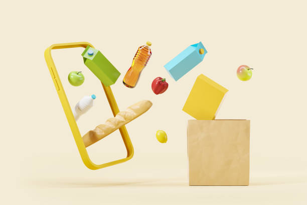 istock Phone and paper bag with falling products, online store 1446661495