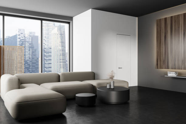 istock Modern living room interior with couch and decoration, panoramic window 1446661730