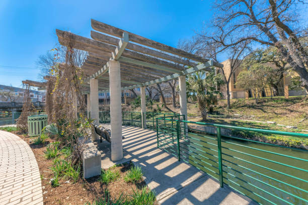 istock Downtown San Antonio, Texas- River walk with arbor on concrete path beside the river 1446661944