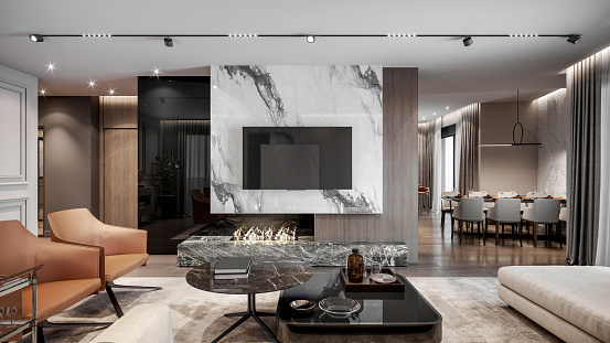 Luxury apartment living room interior with sofa, leather armchairs, coffee table, fireplace and TV screen on the marble wall. Dining table with chairs in the background. Render.