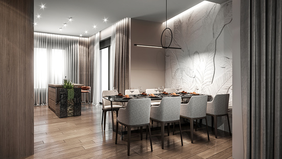 Large dining table with chairs and pendant lamp above in modern apartment. Kitchen island in the background. Windows with curtains. White cieling, parquet and wall with wallpaper. Render