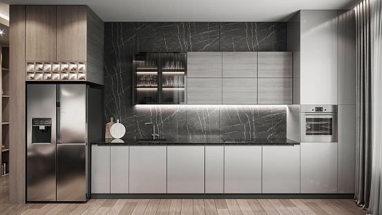 Modern kitchen with cabinets, oven, refrigerator, sink and kitchen supplies. Marble details. Render.