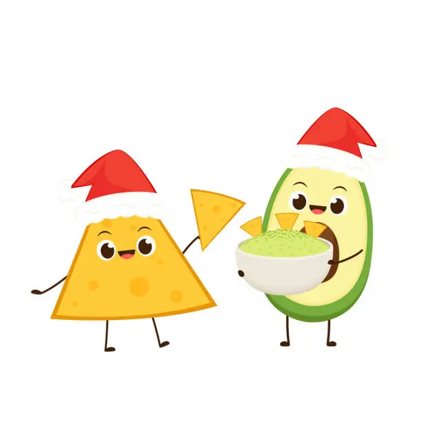 Vector illustration of Nacho and Avocado character. Nacho dip in bowl. Nacho vector. Avocado dip. Santa hat vector.