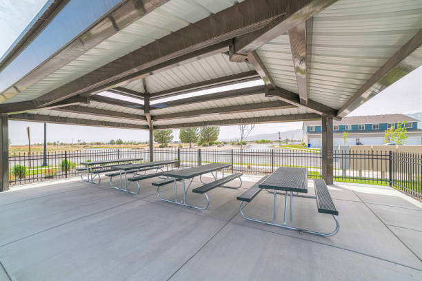 istock Pavilion in a public park at Utah Valley with picnic dining sets 1446667164