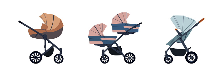 Set of different baby strollers. Modern baby carriages for twins and newborns. Hand drawn vector illustration isolated on white background, flat cartoon style.