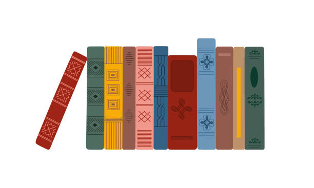 Collection of vertical standing books in colored vintage covers Collection of vertical standing books in colored vintage covers. Pile of different literature. Time to reading concept. Hand drawn vector illustration isolated on white background. Flat style. rows of books stock illustrations