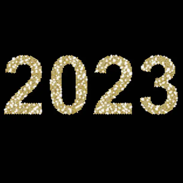 Vector illustration of 2023 - in golden honeycomb glitter, on black