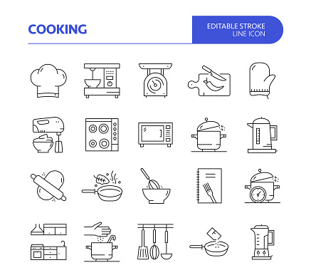 Cooking Related Line Vector Icon Set. Editable Stroke. Chef, Kitchen, Cooking Pan, Preparing Food.