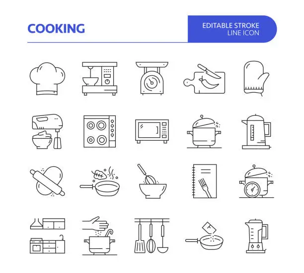 Vector illustration of Cooking Related Line Vector Icon Set. Editable Stroke. Chef, Kitchen, Cooking Pan, Preparing Food.