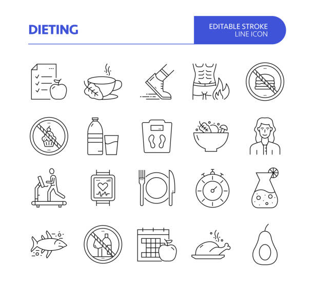 bildbanksillustrationer, clip art samt tecknat material och ikoner med dieting and healthy lifestyle related line vector icon set. editable stroke. exercise, wellbeing, diet, bad habits. - wasted food