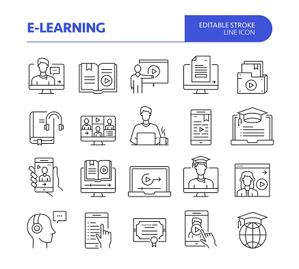 E-Learning Related Line Vector Icon Set. Editable Stroke. Online Teaching, Internet, Wireless Technology, Global Education.