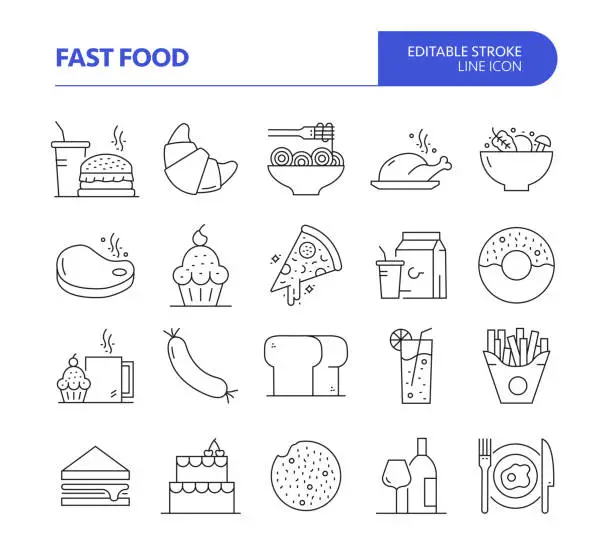 Vector illustration of Fast Food Related Line Vector Icon Set. Editable Stroke. Pizza, Hot Dog, Donut, Street Food, Taco.