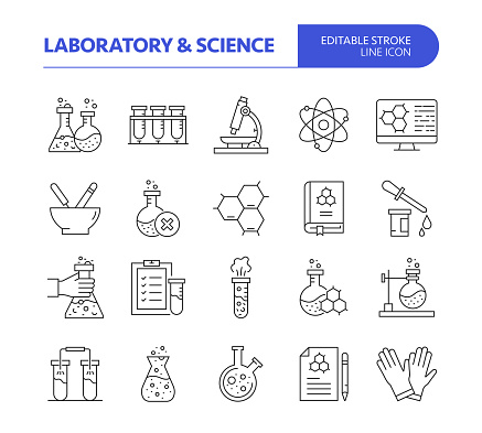 Laboratory and Science Related Line Vector Icon Set. Editable Stroke. Research, Analyzing, Chemical, Biology.