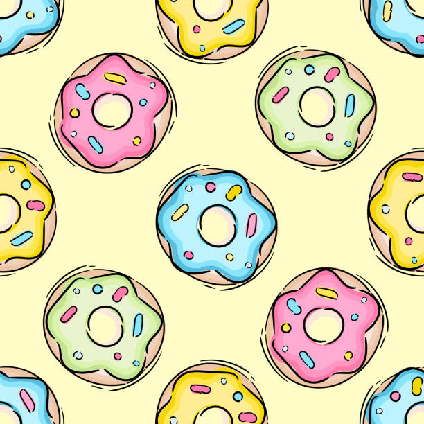 illustrazioni stock, clip art, cartoni animati e icone di tendenza di motivo senza cuciture a ciambelle con glassa rosa, bianca e cioccolato su sfondo giallo. vettore - donut cupcake meal backdrop