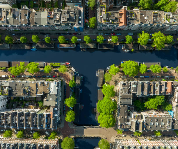 Aerial View of Amsterdam Oud-West streets, canals and apartments stock photo