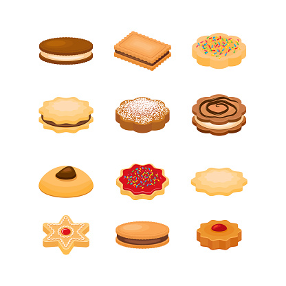 Biscuits icons vector isolated on a white background. Different types of cookies drawing. Shortbread cookie collection