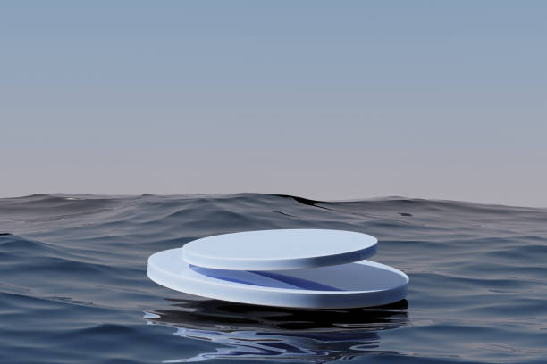 istock Two blue round podiums in sea water against the sky, 3d render 1446679050
