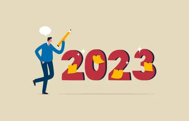 Vector illustration of New Year business planning. Goal for 2023. Businessman holding a pencil for writing a business plan. Illustration