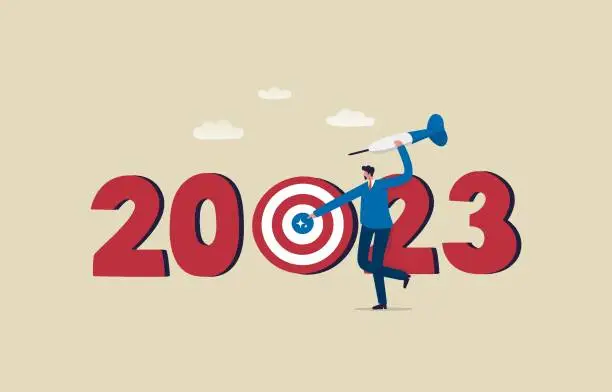 Vector illustration of New Year 2023 for business target. 
Set goals aimed at business success. Businessman holding a darts aiming at the target. Illustration