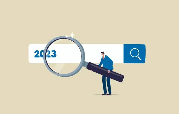 Vector illustration of Find new inspiration in 2023. New Year resolution. Business opportunities or career challenges. Man holding magnifying glass for search box. illustration