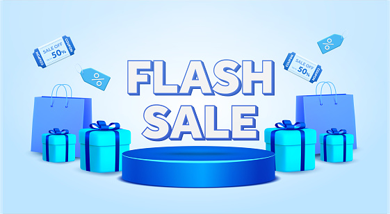 Flash sale text with blue gift box, blue bag, coupons and vouchers on product podium. Shopping online. Sales banner template design for social media and website. Vector illustration.