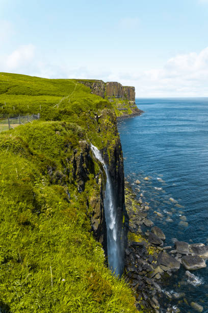 istock Waterfall into the sea next to a green landscape 1446680962