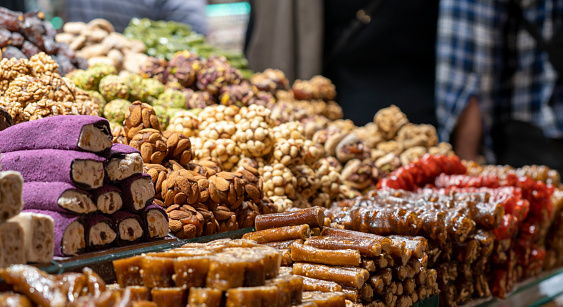 Variety of dried fruits at the Spice Bazaar in Istanbul, Turkey.