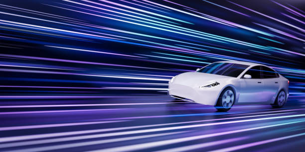 istock Futuristic generic cyber car racing on highway, Abstract high speed driving timelapse sport sedan light trails motion blur effects at night track 3d rendering, colorful supercar acceleration 1446683665