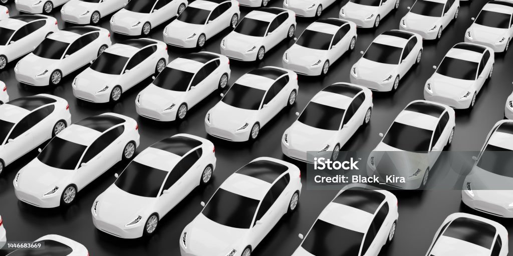 New self driving cars fleet waiting to be exported, large amounts of  electric vehicle in dealership parking lot for sale, automotive business 3d illustration - Royalty-free Araba - Motorlu Taşıt Stok görsel
